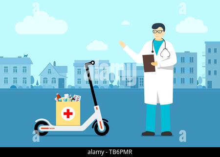 Medizinische Lieferung von der Apotheke. Weißer Mann Arzt in Gläsern und einheitliche Kleid mit Stethoskop stehen neben Elektroroller mit Medikamenten versorgt Stock Vektor