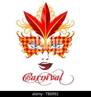 Weibliche Gesicht in Gold und Rot venezianischen Karneval Maske und Formulierung Karneval. Vector Illustration. Stock Vektor