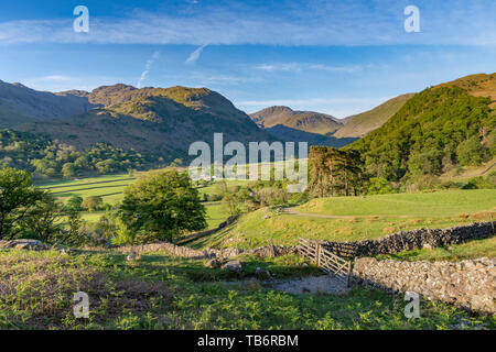 Der Blick hinunter auf Seatoller, Borrowdale-tal suchen, mit landwirtschaftlichen Gebäuden in der Borrowdale-tal Cumbira, Lake District National Park UK. Stockfoto