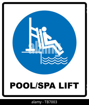 Pool und Whirlpool Aufzug für Behinderte unterzeichnen. Behinderung Menschen Informationen flachbild Symbole auf weißem Hintergrund. Blaue Symbol obligatorisch. Weiß einfache pictog Stockfoto