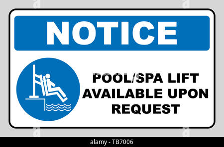 Pool und Whirlpool Aufzug für Behinderte unterzeichnen. Behinderung Menschen Informationen flachbild Symbole auf weißem Hintergrund. Blaue Symbol obligatorisch. Weiß einfache pictog Stockfoto