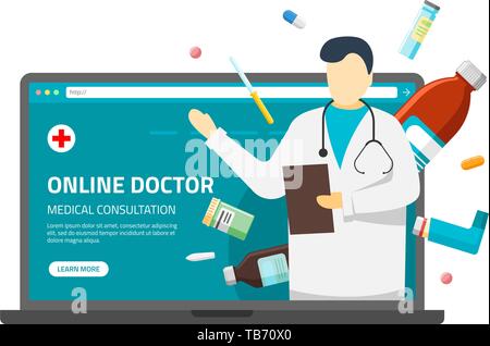 Online medizinische Beratung unterstützen. Arzt, Therapeuten, Apotheker Mann mit Stethoskop und Medikamente tabletten Pillen, Drogen auf Laptop Bildschirm. Vektor flach Stock Vektor