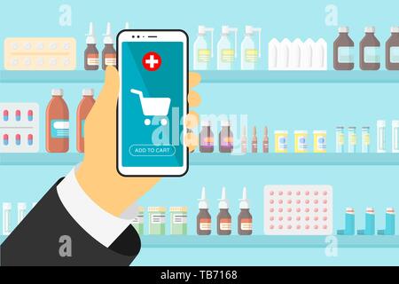 Hand mit Smartphone online mobile Apotheke Shopping App mit Schaltfläche in den Warenkorb. Medizin Pillen Kapseln Flaschen Vitamine und Tabletten auf Innenraum sto Stock Vektor