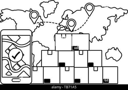 Box mit Handy zeigt eine Karte und eine Überprüfung und einen Stadtplan mit Lage Zeiger Vector Illustration graphic design Stock Vektor