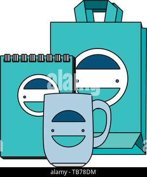 Becher und Shopping Bag und Notizblock mit Emblem Stock Vektor