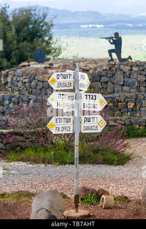 Zeichen, die Entfernung zu Städten im Nahen Osten, auf den Golanhöhen, Israel. Stockfoto