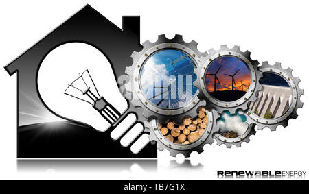 Erneuerbare Ressourcen - 3D-Abbildung eines Modells Haus mit einer Glühbirne und einer Gruppe von Gängen mit dem nachhaltigen Energien. Wind, Solar, Biomasse, Hyd Stockfoto