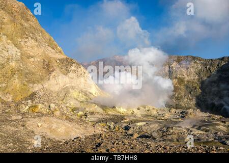 Felsformationen und gelber Schwefel auf der Vulkaninsel White Island mit aufsteigenden Dampf aus dem Krater Whakaari, vulkanische Insel, Bucht von Stockfoto