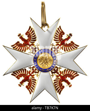 Prinz Alfons von Bayern - Preußen - die Reihenfolge der Rote Adler, vierte Version mit einem Ziegelstein - Red Eagle, 1854-1918, die Abzeichen des Grand Cross, Abmessungen 82 x 82 mm, in Gold, einige Teile in einem feinen guillochierten Überdruck, graviert und Ziseliert, emailliert, Gewicht 57 g (einschließlich der Ring), intakte, drei kaum sichtbare Haarrisse. In hervorragendem Zustand. In den Farben rot, gold geprägte Präsentation Fall in Schwarz gefüttert, mit zwei Hals Bänder. Eine getippte Label im Deckel lautet: 'Nr. 13 Preussen - Roter Adler Orden - Referenzen: von S.M. dem Kaiser" (tr, Additional-Rights - Clearance-Info - Not-Available Stockfoto