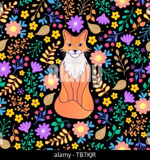 Muster mit Fox, Blumen und Blätter Stock Vektor
