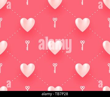 Nahtlose Muster mit weißen Herzen und Schlüssel auf rotem Hintergrund für Valentinstag. Vector Illustration. Stock Vektor
