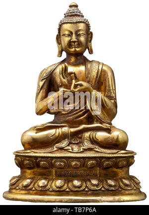 Ein Chinesischer Buddha Figur, Qing Dynastie, 18./19. Jahrhunderts, Bronze mit gut erhaltenen Wachsmodelle. Shakyamuni in der Meditation Position sitzt auf einem doppelten Lotus Thron. Die Vorderseite mit der Aufschrift dating der Buddha in der Regierungszeit des Kaisers Qianlong -. Die Unterseite ist mit der originalen Kupferplatte geschlossen. Höhe 17 cm. China, Chinesen, historischen, historischen des 19. Jahrhunderts, Additional-Rights - Clearance-Info - Not-Available Stockfoto