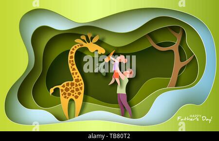 Vater hob seine Tochter Giraffe zu füttern. Happy Vatertag Karte. Flat Style. Vector Illustration Stock Vektor