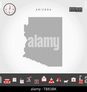 Vektor vertikale Linien Muster Karte von Arizona. Gestreift Einfache Silhouette von Arizona. Realistische Kompass. Business Infografik Symbole. Stock Vektor