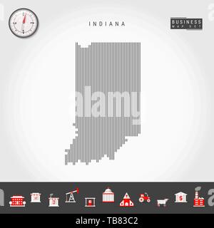 Vektor vertikale Linien Muster Karte von Indiana. Gestreift Einfache Silhouette von Indiana. Realistische Kompass. Business Infografik Symbole. Stock Vektor