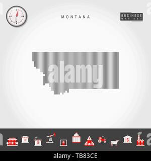 Vektor vertikale Linien Muster Karte von Montana. Gestreift Einfache Silhouette von Montana. Realistische Kompass. Business Infografik Symbole. Stock Vektor