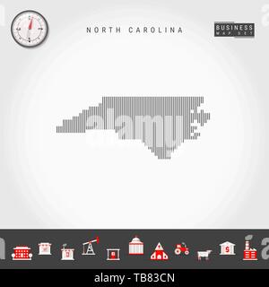 Vektor vertikale Linien Muster Karte von North Carolina. Gestreift Einfache Silhouette von North Carolina. Realistische Kompass. Business Infografik Symbole. Stock Vektor