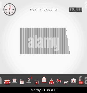 Vektor vertikale Linien Muster Karte von North Dakota. Gestreift Einfache Silhouette von North Dakota. Realistische Kompass. Business Infografik Symbole. Stock Vektor