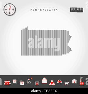 Vektor vertikale Linien Muster Karte von Pennsylvania. Gestreift Einfache Silhouette von Pennsylvania. Realistische Kompass. Business Infografik Symbole. Stock Vektor