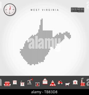 Vektor vertikale Linien Muster Karte von West Virginia. Gestreift Einfache Silhouette von West Virginia. Realistische Kompass. Business Infografik Symbole. Stock Vektor