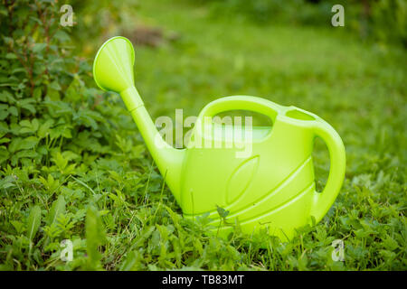 Grün Kunststoff Gießkanne auf grünem Gras isoliert. ein Gärtner die Pflanzen Wasser aus einer Gießkanne. Bewässerung von Pflanzen Konzept der Landwirtschaft und Garten. Stockfoto