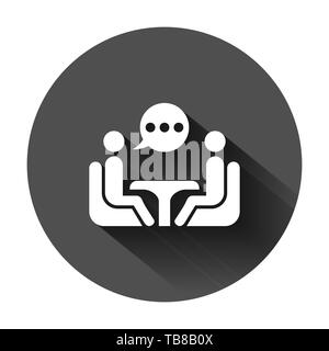 Business Consulting Symbol im flachen Stil. Zwei Personen mit Tisch Vector Illustration auf schwarzen Hintergrund mit langen Schatten. Restaurant Dialog busine Stock Vektor
