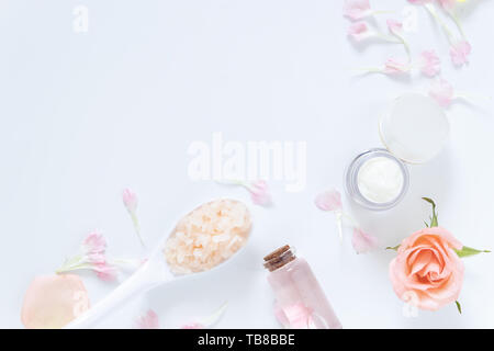 Hautpflege. Flach an Hautpflege Hilfsmittel Stil im Paket mit leeres Etikett mit natürlichen Materialien auf weißem Hintergrund Stockfoto