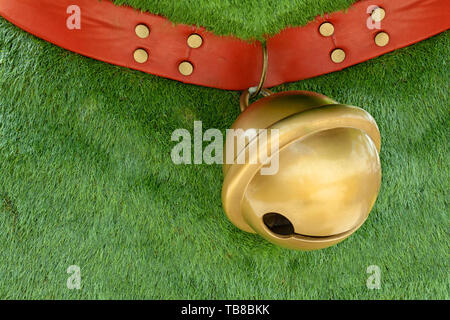 Red Hundehalsband aus Leder verzieren mit Pins hängenden großen goldenen Glocke auf grünem Gras Hintergrund mit Kopie Raum Stockfoto