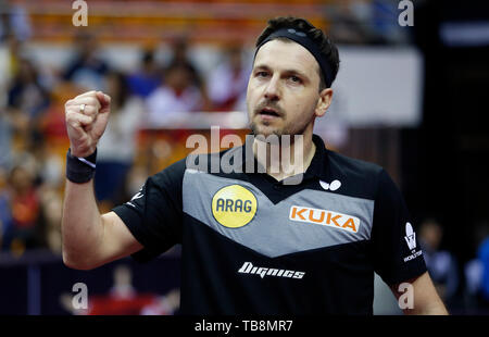 Shenzhen. 31. Mai, 2019. Deutschlands Timo Boll feiert nach dem Gewinn singles Runde der Männer von 16 Match gegen Chinas Yu Ziyang an ITTF World Tour Platin China Open in Shenzhen in der Provinz Guangdong im Süden Chinas am 31. Mai 2019. Timo Boll gewann 4-3. Credit: Wang Dongzhen/Xinhua/Alamy leben Nachrichten Stockfoto