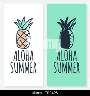 Aloha Sommer. Inspirierende Zitat. Moderne Kalligraphie Phrase mit Hand gezeichnet Ananas. Bürste vektor Schriftzug für den Druck, T-Shirt und Poster. Typograph Stock Vektor