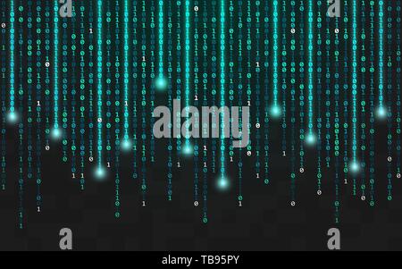 Binäre Hintergrund. Ausführen von Code mit hellen Lichtern. Der Ziffern auf dunklem Hintergrund. Hacker-Konzept. Abstrakte leuchtende Zahlen. Vector Illustration. Stock Vektor