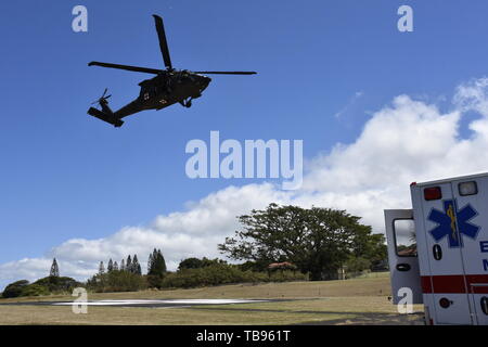 Tripler Army Medical Center erhält Unterstützung aus der Luft von 25 Combat Aviation Brigade bei einer gemeinsamen Hurrikan Übung, an der TAMC Hubschrauberlandeplatz, Mai 16. Stockfoto