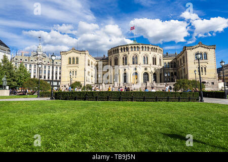 Das Storting Gebäude, dem Sitz des Parlaments von Norwegen. Oslo, Norwegen, August 2018 Stockfoto
