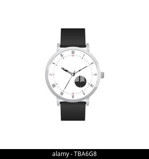 Classic Armbanduhr mit schwarzem Lederband auf weißem Hintergrund, Vector Illustration Stock Vektor