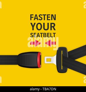 Vector Hintergrund mit 3d Realistische Blockierung Sicherheitsgurt Beifahrerseite Clopeup isoliert auf Gelb. Anschnallen. Design Template. Ansicht von oben Stock Vektor
