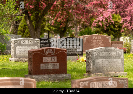 Montreal, CA - 30. Mai 2019: Grundsteine in Montreal Friedhof in den Frühling Stockfoto