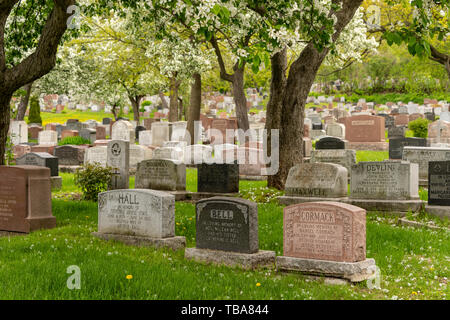 Montreal, CA - 30. Mai 2019: Grundsteine in Montreal Friedhof in den Frühling Stockfoto