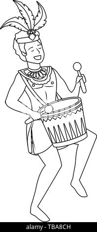 Mann feiern Brasilien Karneval mit Feder headdrees und mit Trommelstöcken Vector Illustration grafik design Drum Stock Vektor