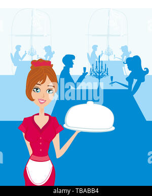 Kellnerin Teller servieren Stockfoto