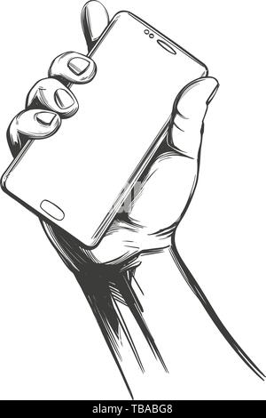Hand mit einem großen Smart Handy, digitale Technologie Symbol Hand gezeichnet Vektor-illustration Skizze Stock Vektor