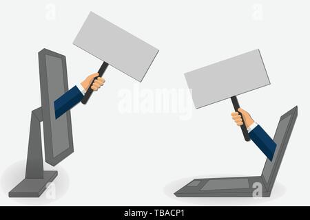 Hand kommen aus dem Bildschirm mit einem leeren Brett Stock Vektor