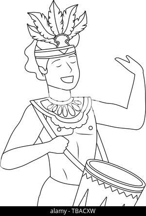 Glückliche Menschen mit federkopfschmuck Brasilien feiert Karneval mit Trommel Vector Illustration graphic design Stock Vektor