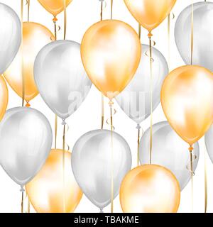 Nahtlose Muster mit glänzend weiß und gelb glänzend realistische 3D-Helium Luftballons mit Gold Ribbon, Perfekte Deko für Geburtstag Broschüren, in Stock Vektor