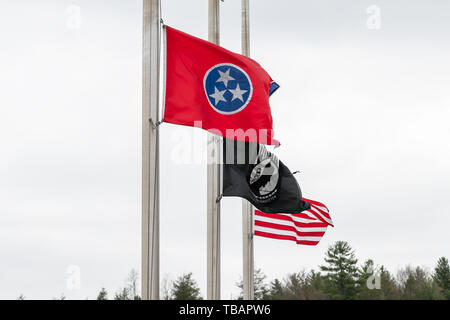 Walnut Hill, USA - 19. April 2018: In Tennessee Visitor Welcome Center, bei der die Zeile der staatlichen amerikanischen und Veteran flags closeup Stockfoto