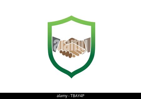 Kreative abstrakte Handshake Shield Logo Design Symbol Vektor Illustration Stock Vektor