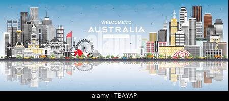 Nach Australien Skyline mit grauen Gebäude willkommen, blauer Himmel und Reflexionen. Vector Illustration. Tourismus Konzept und Architektur. Australien. Stock Vektor