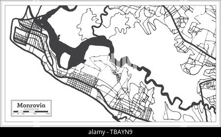 Monrovia Liberia Karte in Schwarz und Weiß. Vector Illustration. Übersichtskarte. Stock Vektor