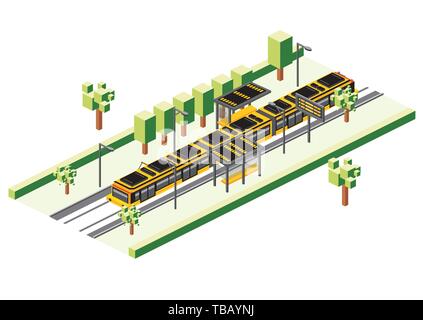 Isometrische Tram Station isoliert auf Weiss. Vector Illustration. Bahnhof Zug. Stadt Szene mit Straße und grünen Bäumen. Stock Vektor