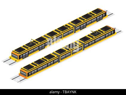 Isometrische Straßenbahn isoliert auf Weiss. Vector Illustration. Bahnhof Zug. Vorwärts und Rückwärts. Stock Vektor