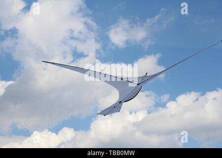 Einen Drachen in Form einer einzigen großen weißen Vogel. Einen Drachen in den Himmel zwischen den Wolken. Großer weißer Vogel in den Himmel. Stockfoto